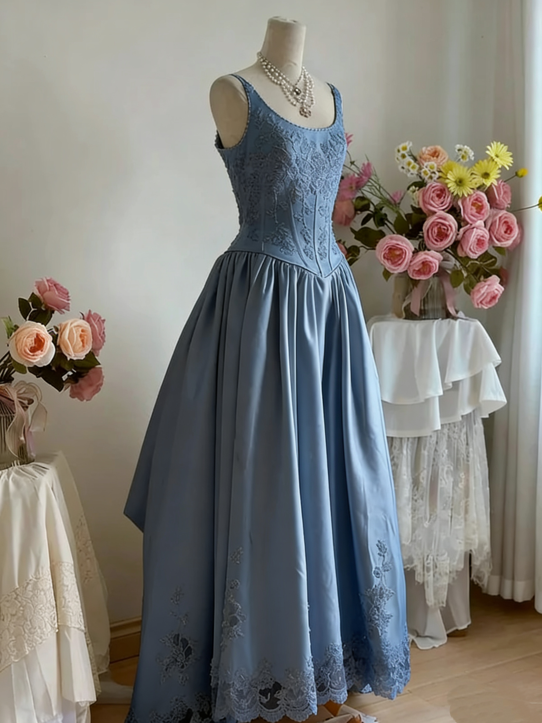White Lace Retro Elegant Long Satin Dress
