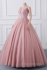 Girls Sequins V neck Dusty Rose Formal Prom Dress A-line Tulle Ball Gown Quinceanera Dress Sweet 16 Party Dress