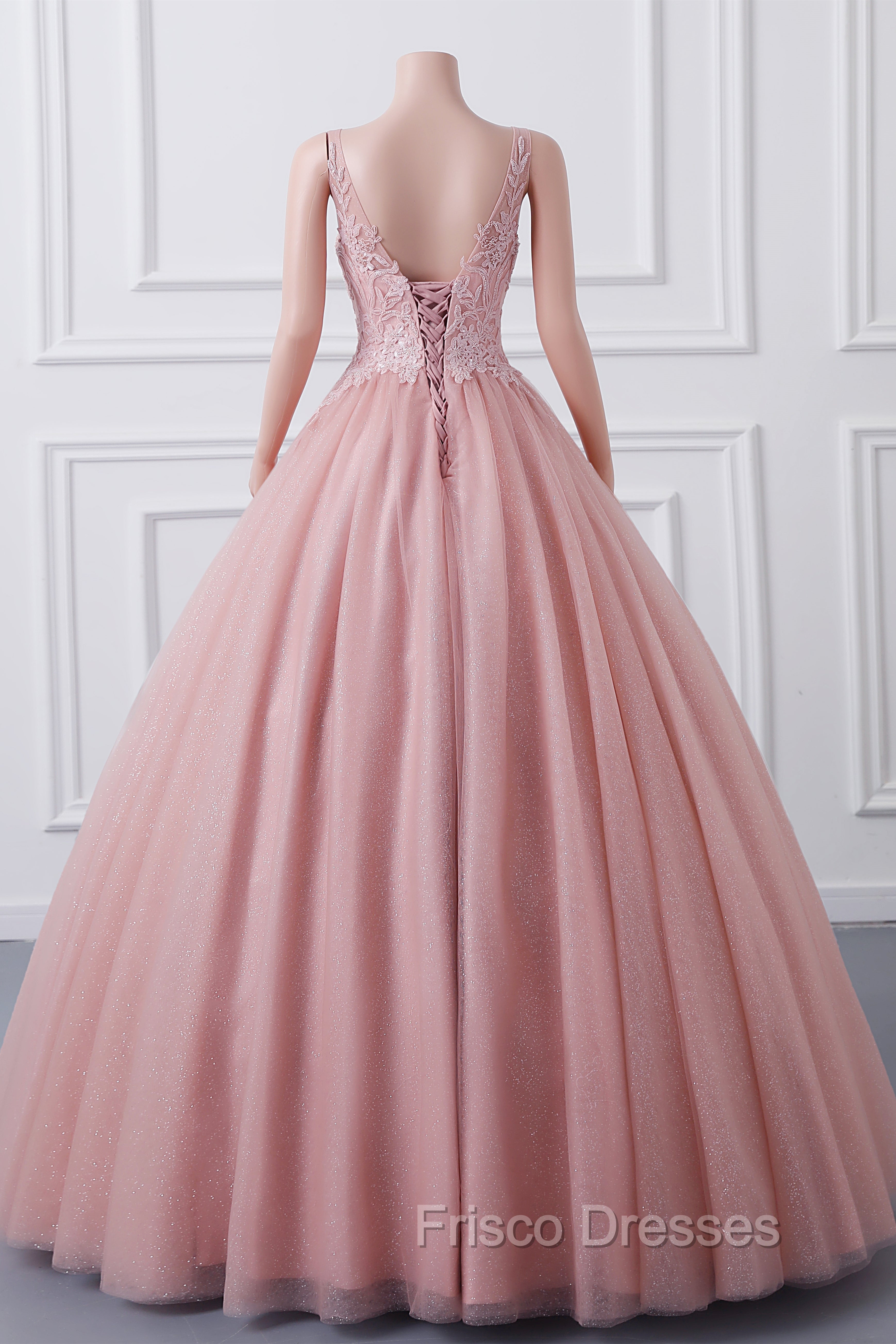 Girls Sequins V neck Dusty Rose Formal Prom Dress A-line Tulle Ball Gown Quinceanera Dress Sweet 16 Party Dress