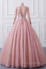 Girls Sequins V neck Dusty Rose Formal Prom Dress A-line Tulle Ball Gown Quinceanera Dress Sweet 16 Party Dress