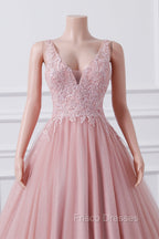 Girls Sequins V neck Dusty Rose Formal Prom Dress A-line Tulle Ball Gown Quinceanera Dress Sweet 16 Party Dress