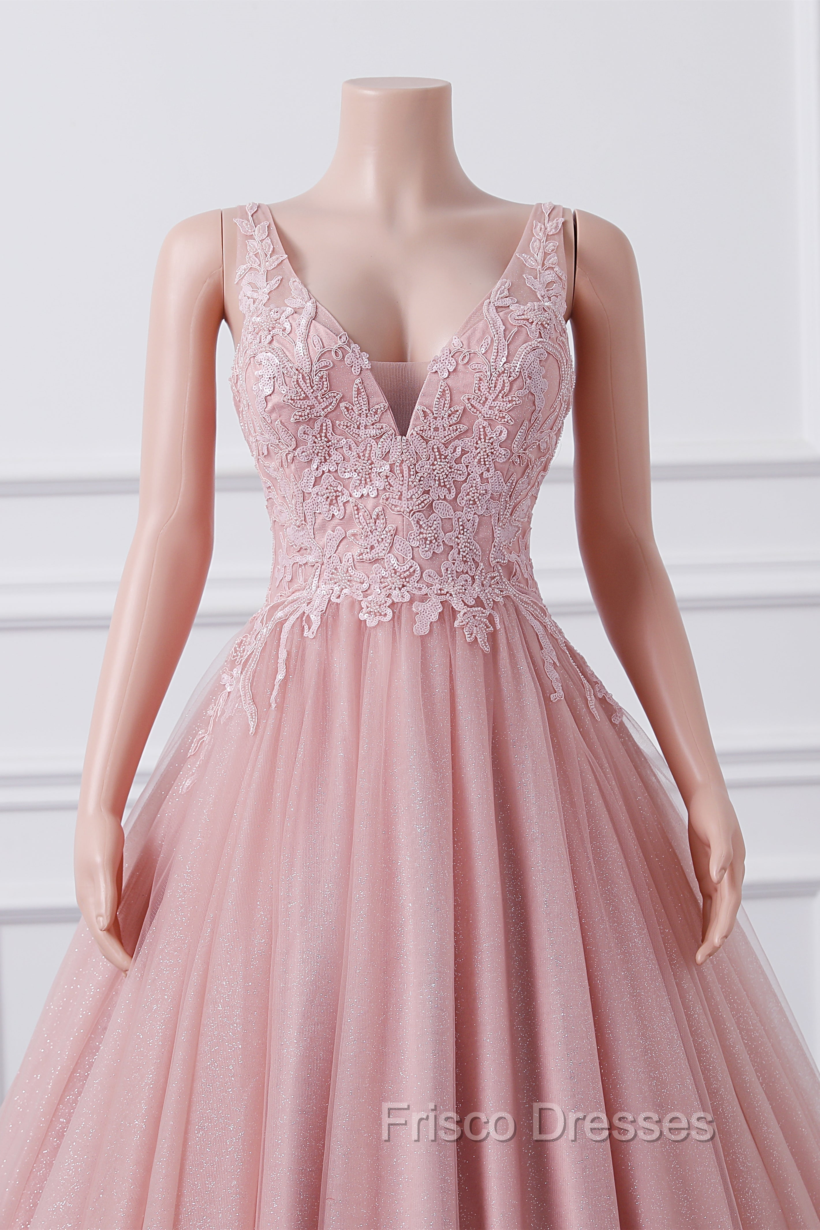 Girls Sequins V neck Dusty Rose Formal Prom Dress A-line Tulle Ball Gown Quinceanera Dress Sweet 16 Party Dress