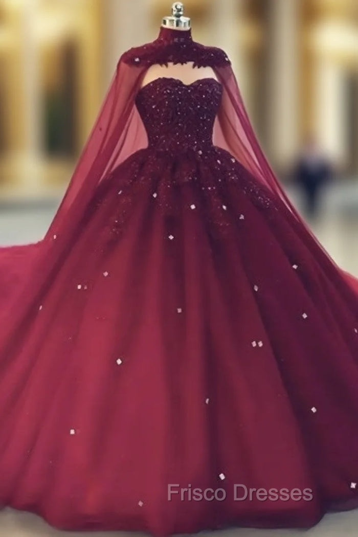 Glam Ball Gown Quinceanera Dress Lace Applique Beaded Cape, Wine Red Formal Dress Party Gowns Main image