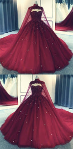 Glam Ball Gown Quinceanera Dress Lace Applique Beaded Cape, Wine Red Formal Dress Party Gowns