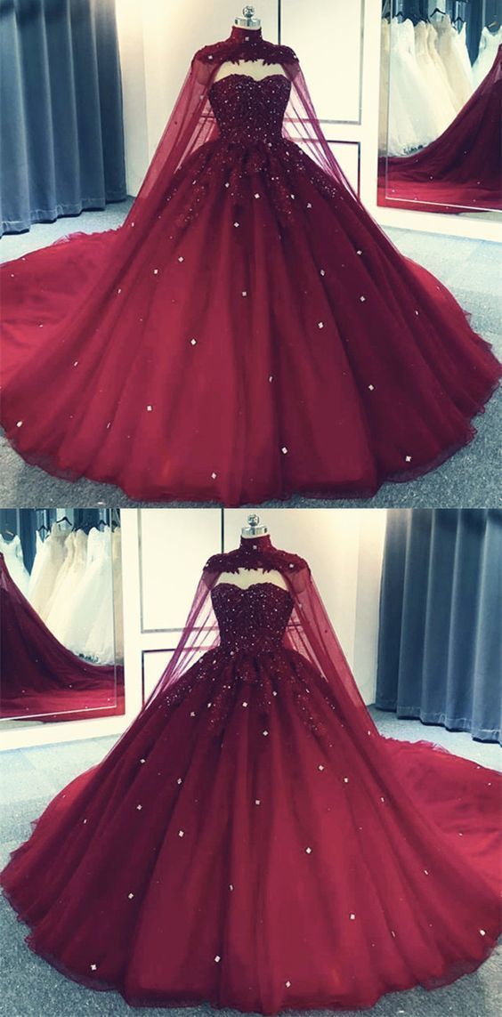 Glam Ball Gown Quinceanera Dress Lace Applique Beaded Cape, Wine Red Formal Dress Party Gowns