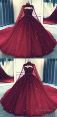 Glam Ball Gown Quinceanera Dress Lace Applique Beaded Cape, Wine Red Formal Dress Party Gowns