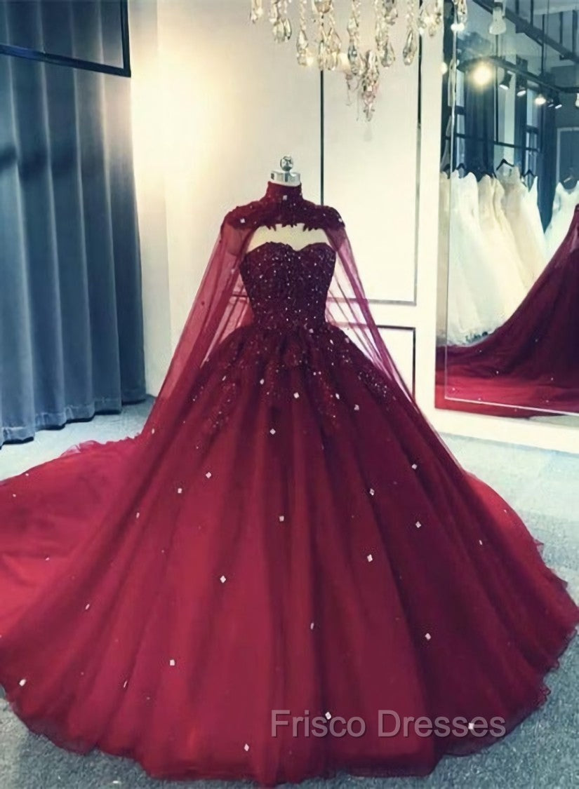 Glam Ball Gown Quinceanera Dress Lace Applique Beaded Cape, Wine Red Formal Dress Party Gowns Secondary image