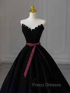 Glam Black V-Neckline Velvet Lace-Up Party Dress, Black Velvet Floor Length Formal Prom Dress