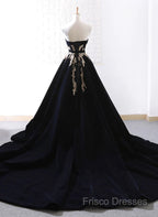 Glam Black Velvet Long Formal Gown With Gold Lace, Black Velvet Formal Prom Dress Formal Dress
