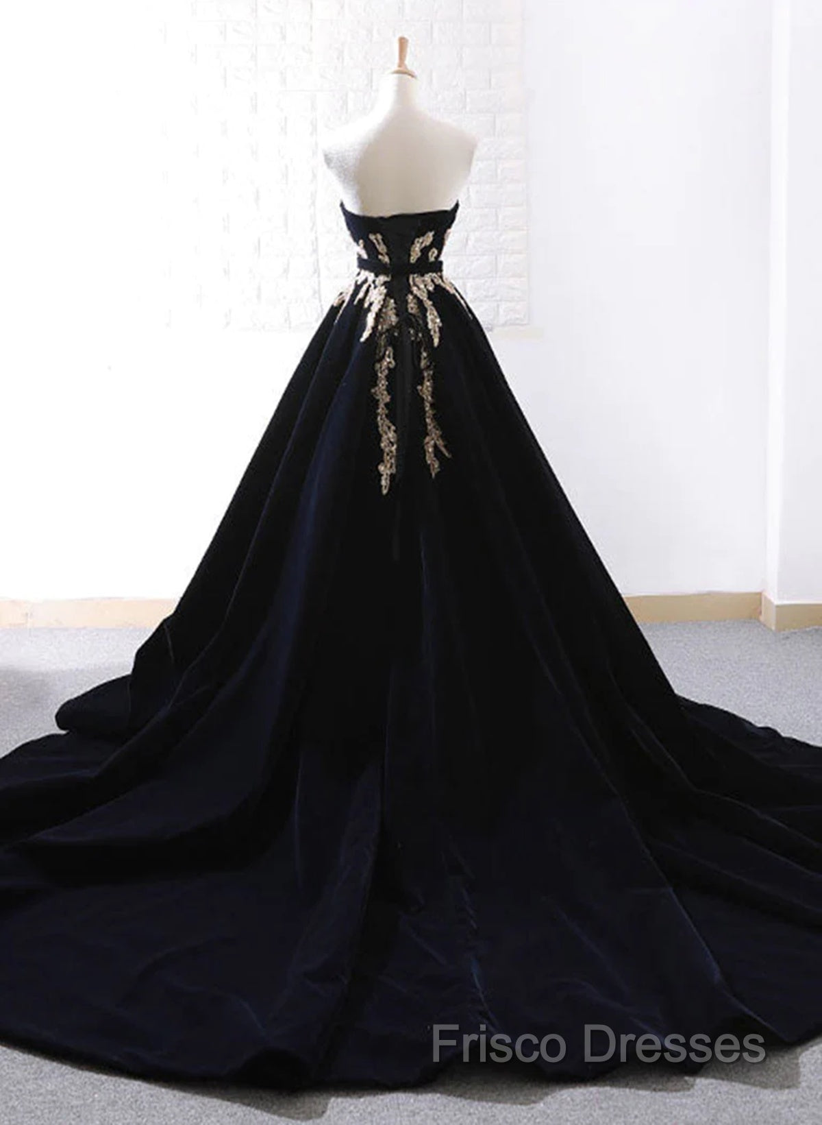Glam Black Velvet Long Formal Gown With Gold Lace, Black Velvet Formal Prom Dress Formal Dress
