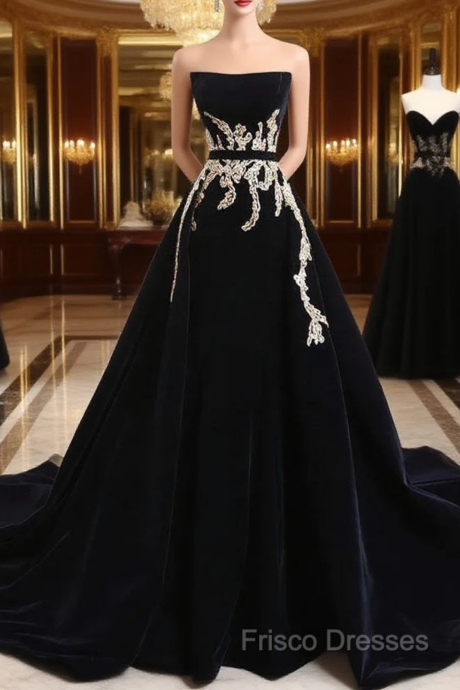 Glam Black Velvet Long Formal Gown With Gold Lace, Black Velvet Formal Prom Dress Formal Dress Main image