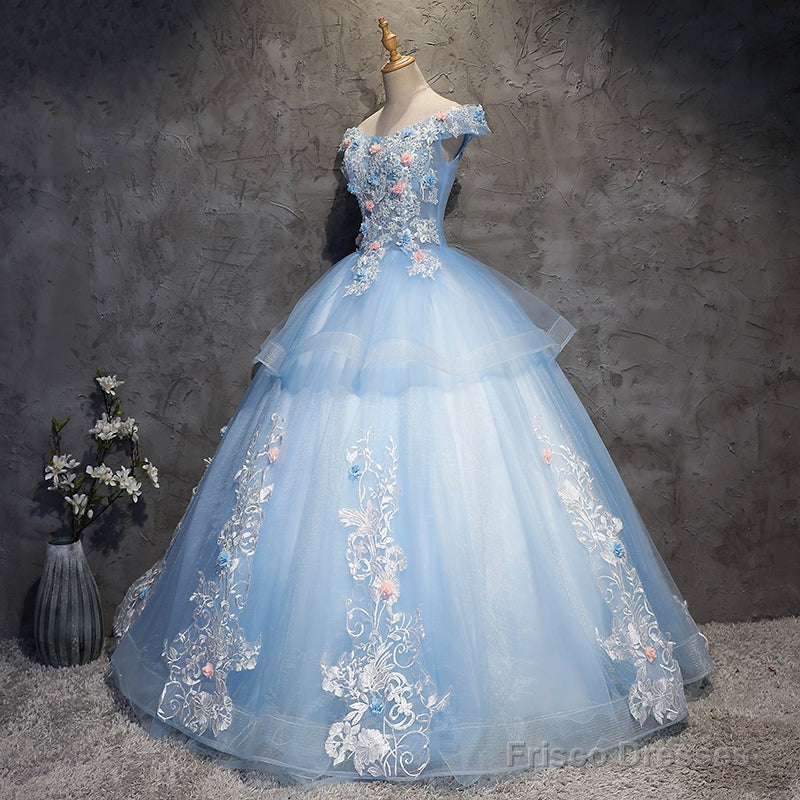Glam Blue Ball Gown Tulle with Lace and Flowers Sweet 16 Dress, Blue Formal Dress Secondary image