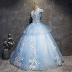 Glam Blue Ball Gown Tulle with Lace and Flowers Sweet 16 Dress, Blue Formal Dress