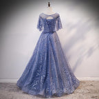 Glam Blue Off Shoulder Lace-up Long Evening Dresss Party Dress, Blue Wedding Party Dress Formal Prom Dress