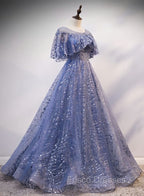 Glam Blue Off Shoulder Lace-up Long Evening Dresss Party Dress, Blue Wedding Party Dress Formal Prom Dress