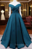 Glam Blue Satin Long Off Shoulder Party Dress, A-line Formal Prom Dress