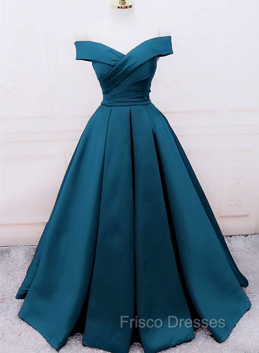 Glam Blue Satin Long Off Shoulder Party Dress, A-line Formal Prom Dress