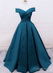 Glam Blue Satin Long Off Shoulder Party Dress, A-line Prom Dress