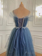 Glam Dark Blue Beaded Long Tulle Party Dress, Dark Blue Prom Dress