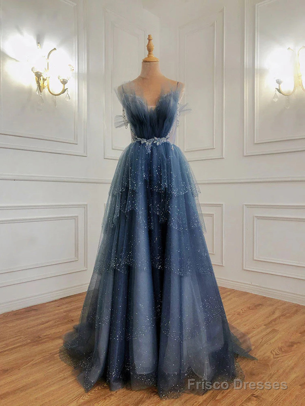 Glam Dark Blue Beaded Long Tulle Party Dress, Dark Blue Prom Dress