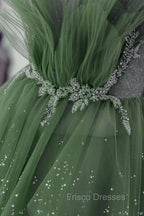 Glam Green Layers Tulle Straps Beaded Long Party Dress, Green Long Formal Dress