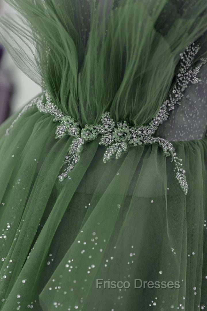 Glam Green Layers Tulle Straps Beaded Long Party Dress, Green Long Formal Dress