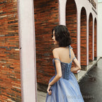 Glam Light Purple Tulle Beaded Sweetheart Long Party Dress, A-Line Tulle Formal Dresses