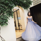Glam Light Purple Tulle Beaded Sweetheart Long Party Dress, A-Line Tulle Formal Dresses