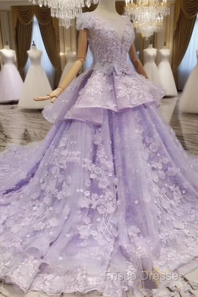 Glam Light Purple Tulle With Lace Applique Sweet 16 Dress, Light Purple Formal Prom Dress