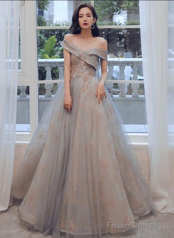 Glam Off Shoulder Shiny Lace And Tulle Long Party Dress, A-Line Evening Dresses Prom Dress Main image