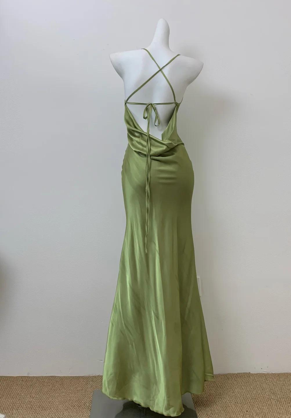 Glam Olive Green Spaghetti Straps Mermaid Satin Long Prom Dresses Formal Evening Gowns With Backless Secondary image