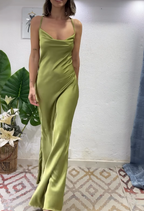 Glam Olive Green Spaghetti Straps Mermaid Satin Long Prom Dresses Formal Evening Gowns With Backless