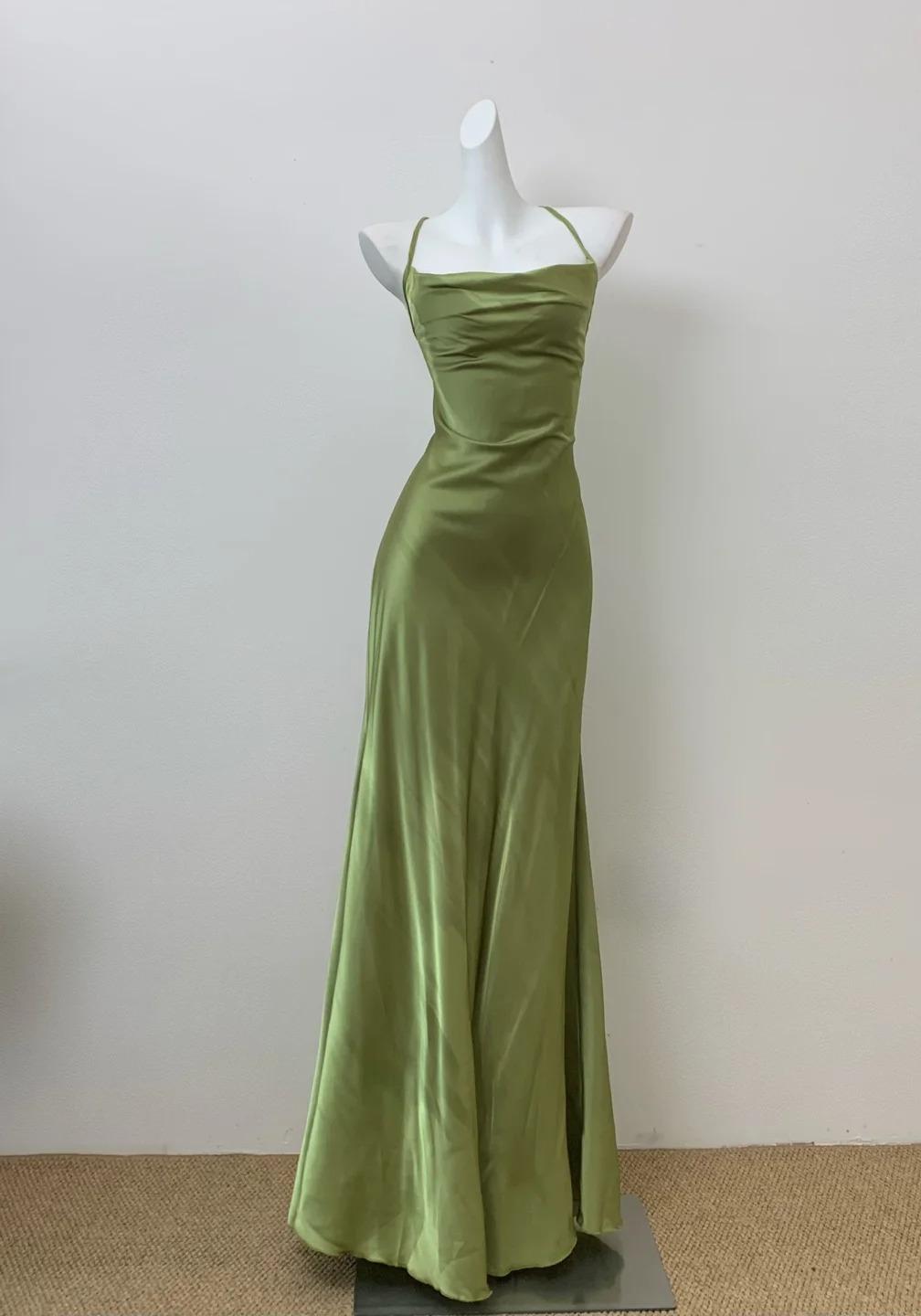 Glam Olive Green Spaghetti Straps Mermaid Satin Long Prom Dresses Formal Evening Gowns With Backless Main image