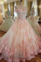 Glam Pink Flowers Tulle Off Shoulder Sweet 16 Dress, Ball Gown Formal Dress