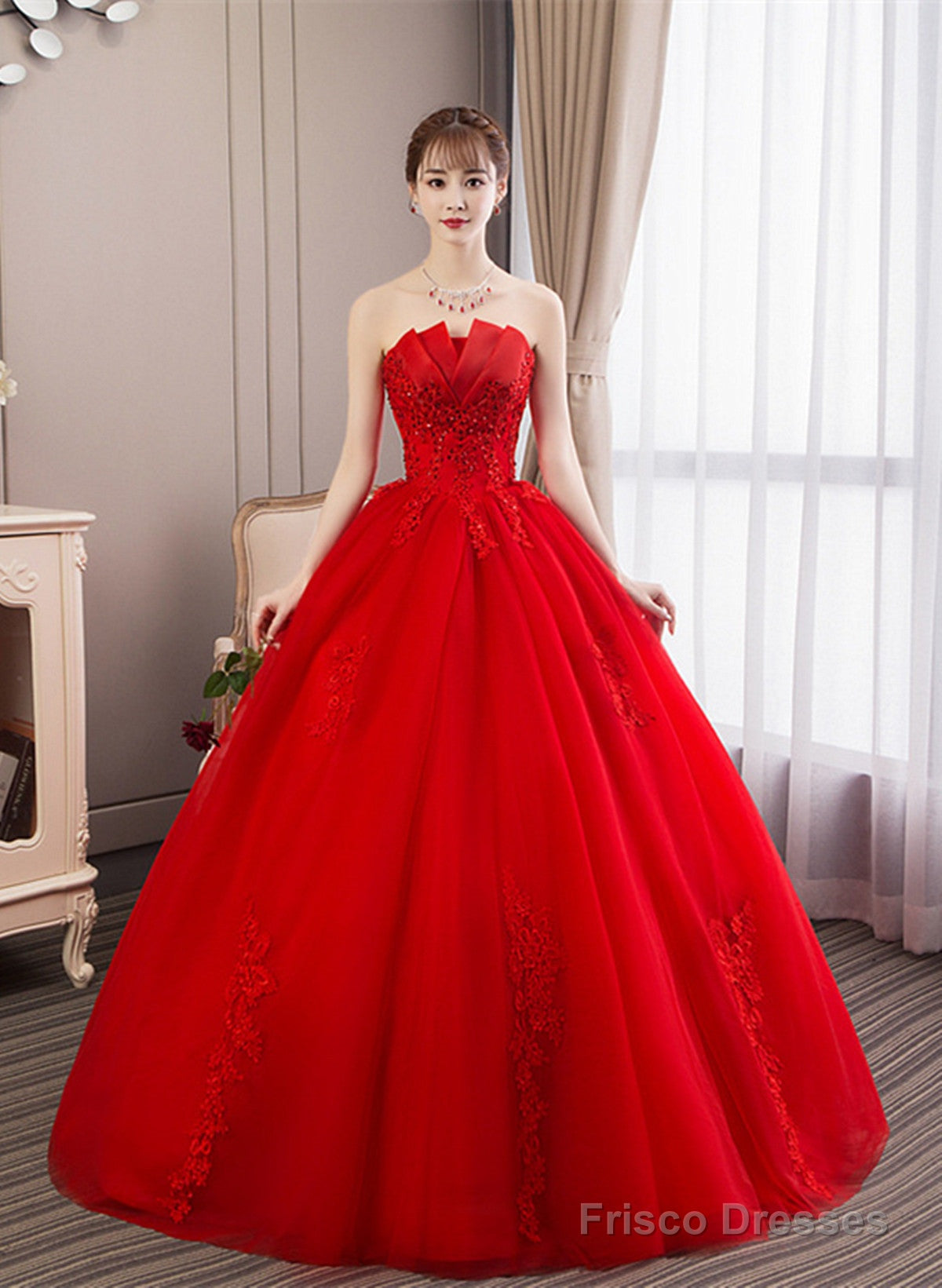 Glam Red Ball Gown Tulle Sweet 16 Dress With Lace, Red Long Formal Dress Party Dress Main image