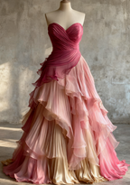 Glam Sweetheart A-Line Pink Long Prom Dresses Chiffon Pleated Pink Qucneanera Dresses Sweet 16 Dresses