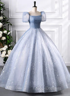 Glam Tulle  Floor Length Formal Prom Dress, Beautiful Short Sleeves Sweet 16 Dress