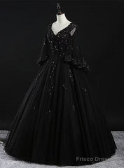 Glam Tulle With Lace Applique Ball Gown Sweet 16 Dress, Beaded Prom Dresses Evening Dress