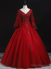 Glam Tulle With Lace Applique Ball Gown Sweet 16 Dress, Beaded Prom Dresses Evening Dress
