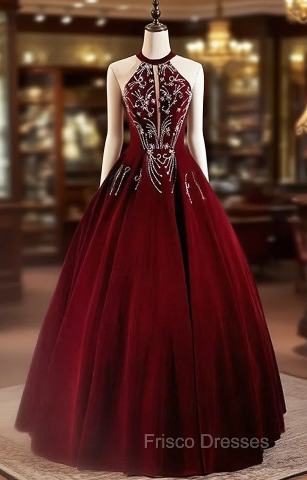 Glam Wine Red Beaded Velvet Halter Evening Dress, Wine Red Velvet Formal Prom Dress Main image