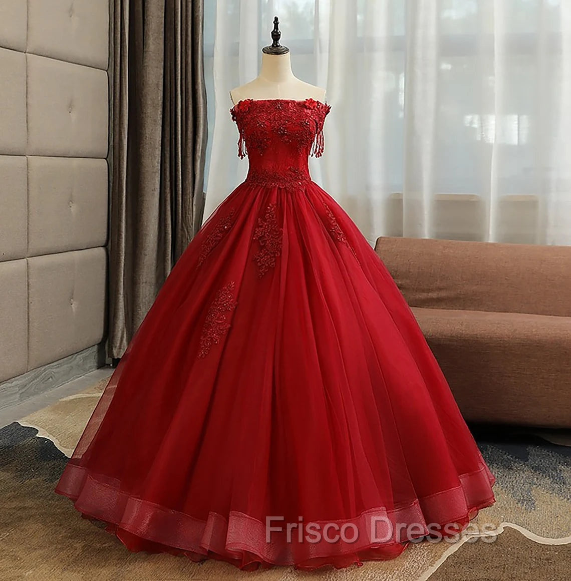 Glam Wine Red Quinceanera Dress Party Dress, Tulle Long Embroidered with Flowers Formal Dress