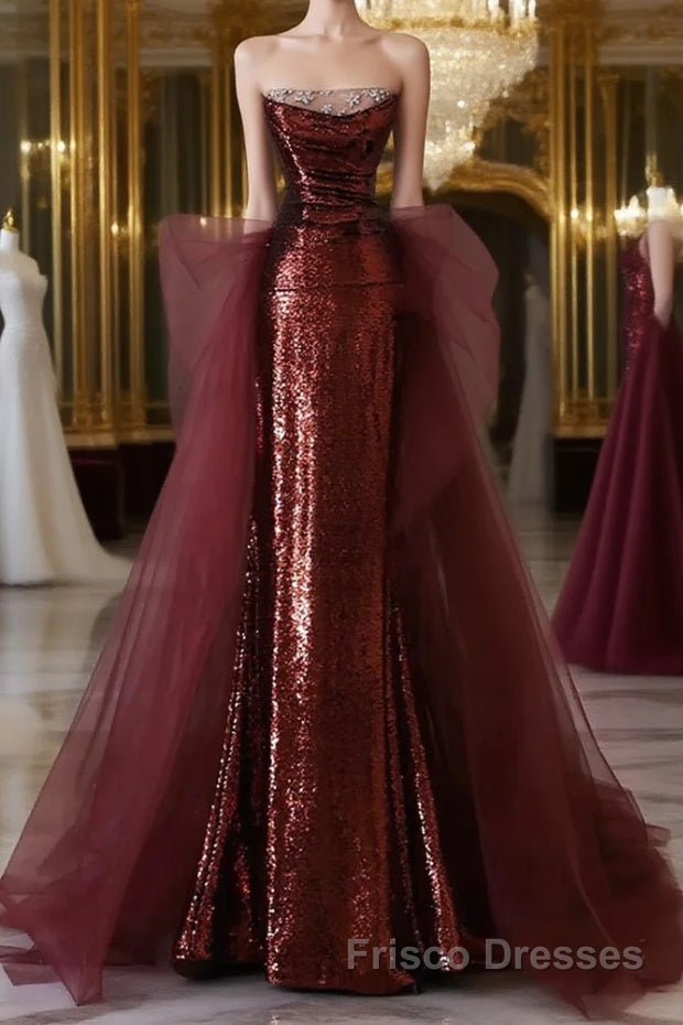 Glam Wine Red Sequins And Tulle Long Party Dresses, Wine Red Evening Dresses Formal Prom Dresses