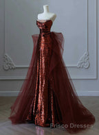 Glam Wine Red Sequins And Tulle Long Party Dresses, Wine Red Evening Dresses Formal Prom Dresses