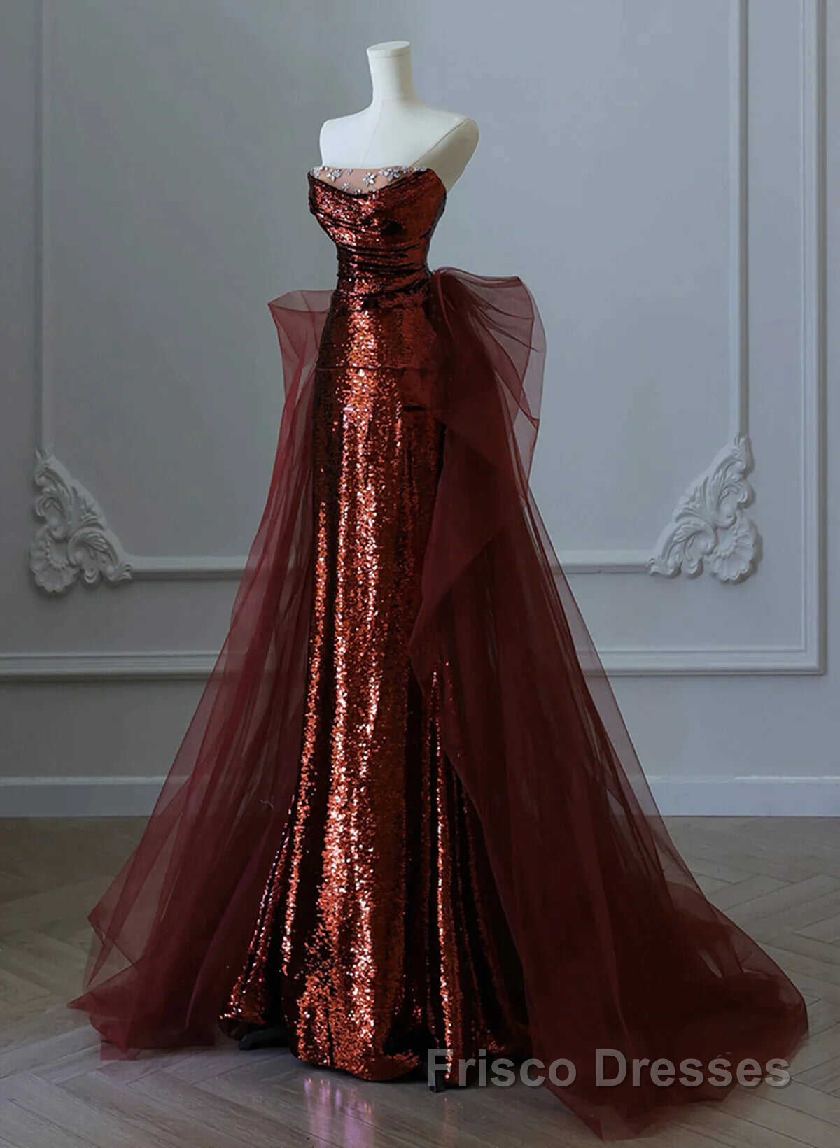 Glam Wine Red Sequins And Tulle Long Party Dresses, Wine Red Evening Dresses Formal Prom Dresses
