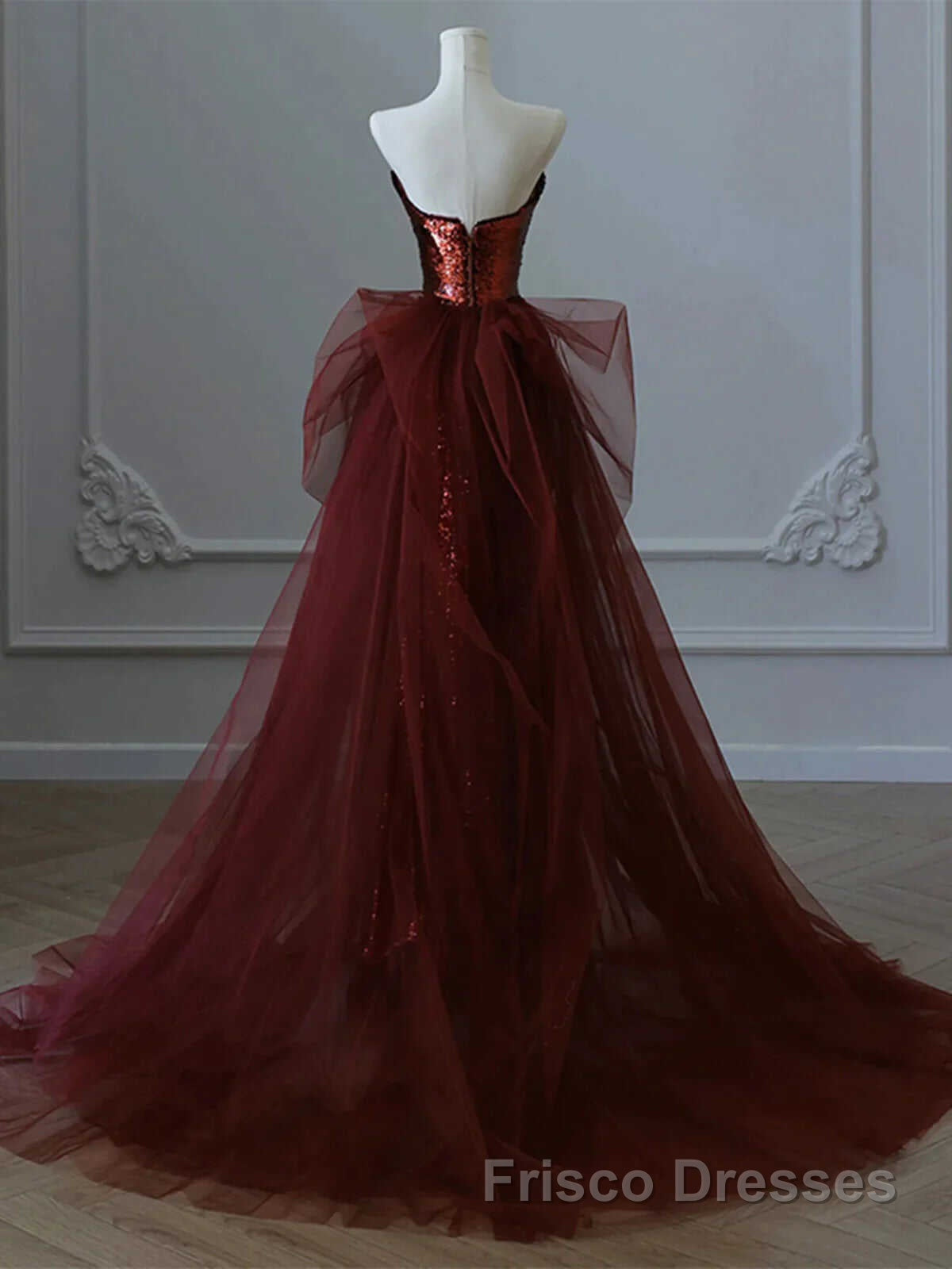 Glam Wine Red Sequins And Tulle Long Party Dresses, Wine Red Evening Dresses Formal Prom Dresses