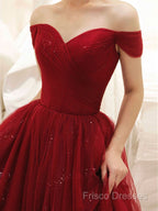Glam Wine Red Sweetheart Tulle Shiny Long Formal Prom Dress Party Dress, Wine Red Formal Dress