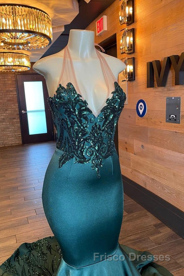 Glamorou V-Neck Sleeveless Halter Mermaid Formal Prom Dresses With Beading