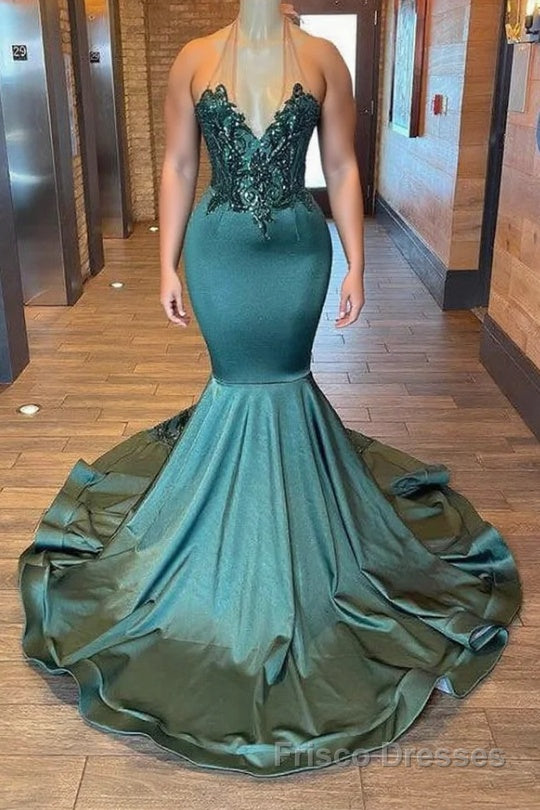 Glamorou V-Neck Sleeveless Halter Mermaid Formal Prom Dresses With Beading