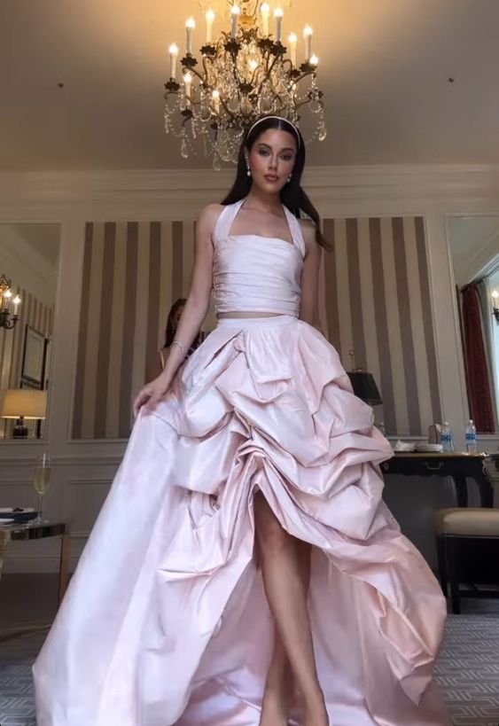 Glamorous 2 Pieces Light Pink Satin Long Prom Dress
