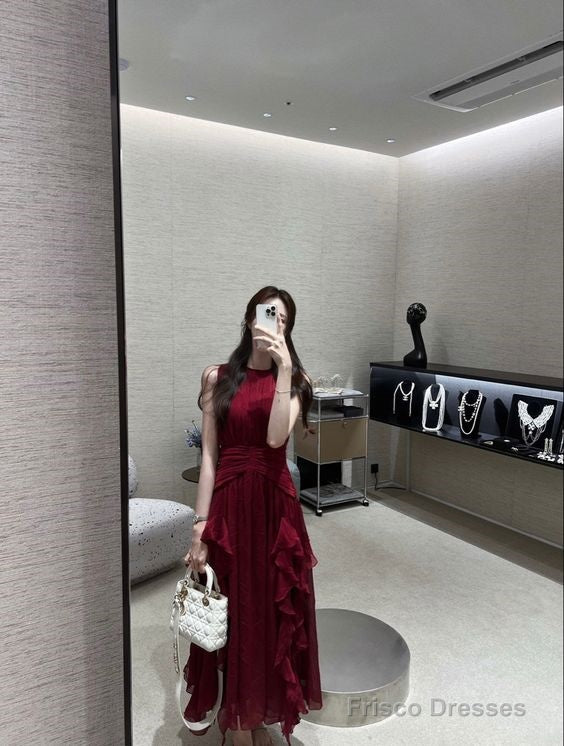 Glamorous A Line Scoop Sleeveless Burgundy Long Prom Dress Main image